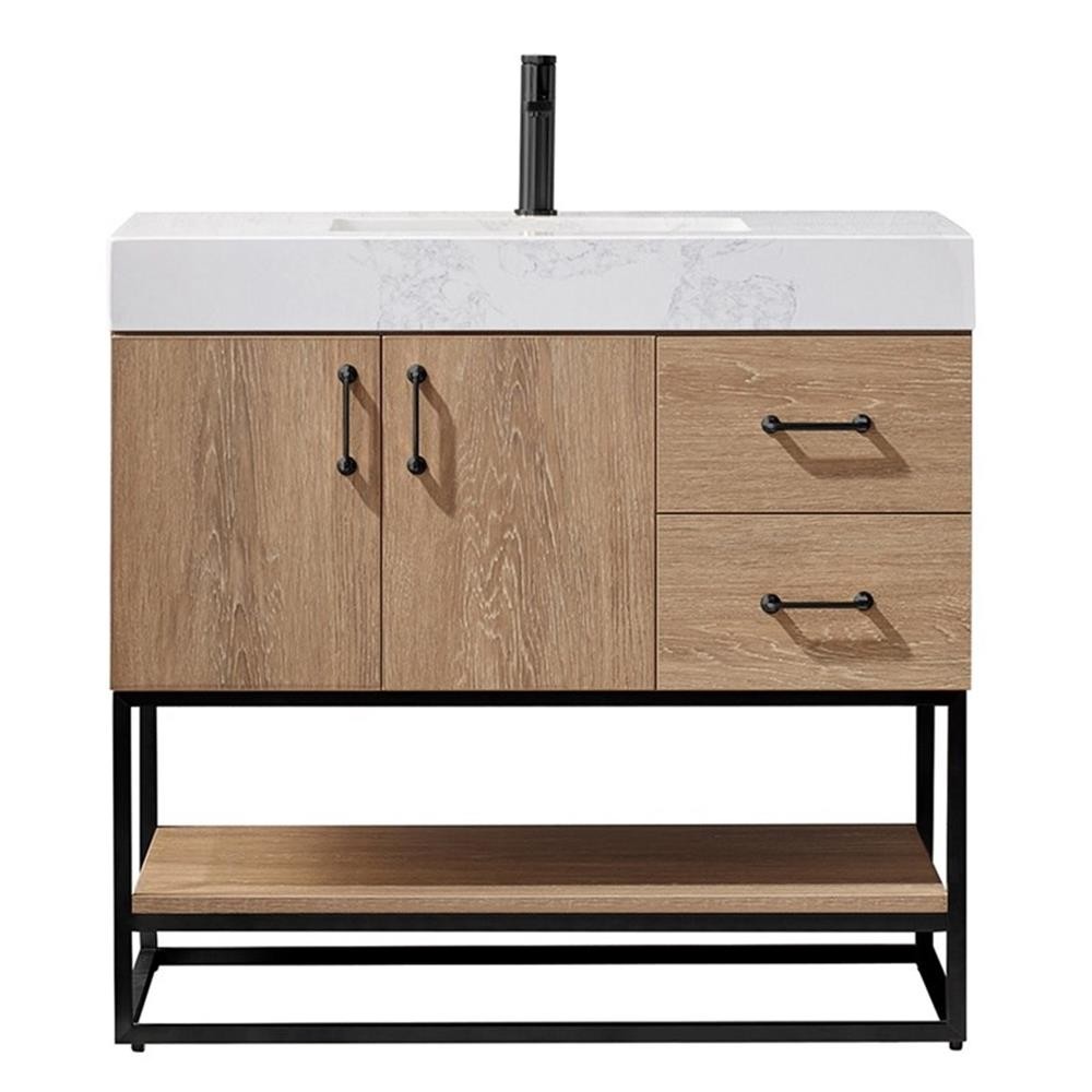 Pemberly Row 36″ White Stone Top Oak Single Vanity Black Frame w/o Mirror
