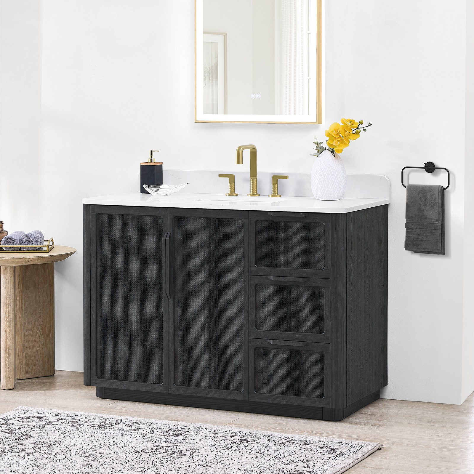 Busan 48″ Single Bath Vanity in Oak Classic Black with White Quartz Stone Top
