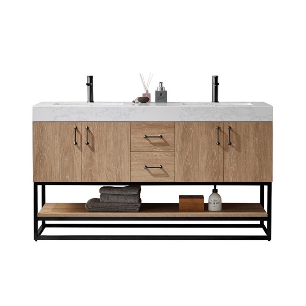 Pemberly Row 60″ White Stone Top Oak Double Vanity Black Frame w/o Mirror