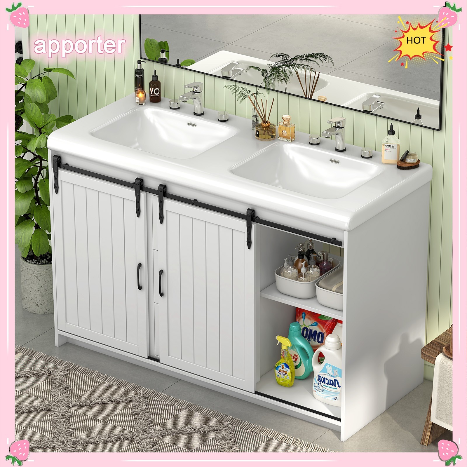 Bathroom Vanity with Double Sink Cabinet Ceramic Basin & 2 Drawers +2 Doors USA