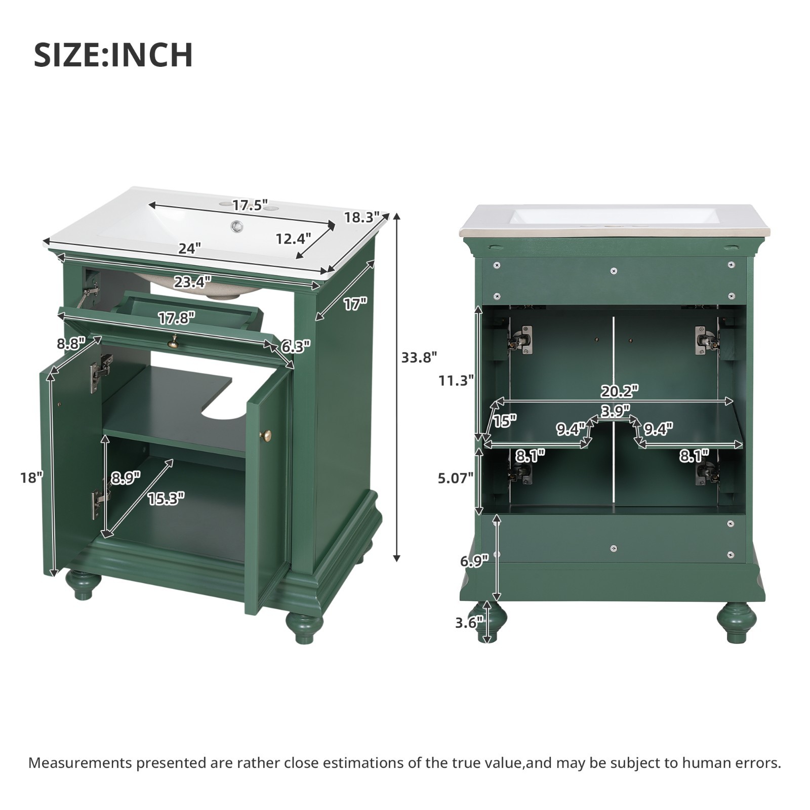 24″ Bathroom Vanity Storage Cabinet With Ceramic Sink Drawer Soft-Closing Doors