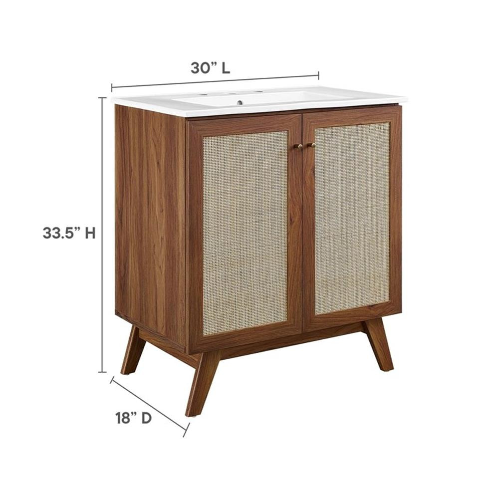 Modway Soma 30″ Modern Wood Bathroom Vanity with Rattan Door in Walnut/White