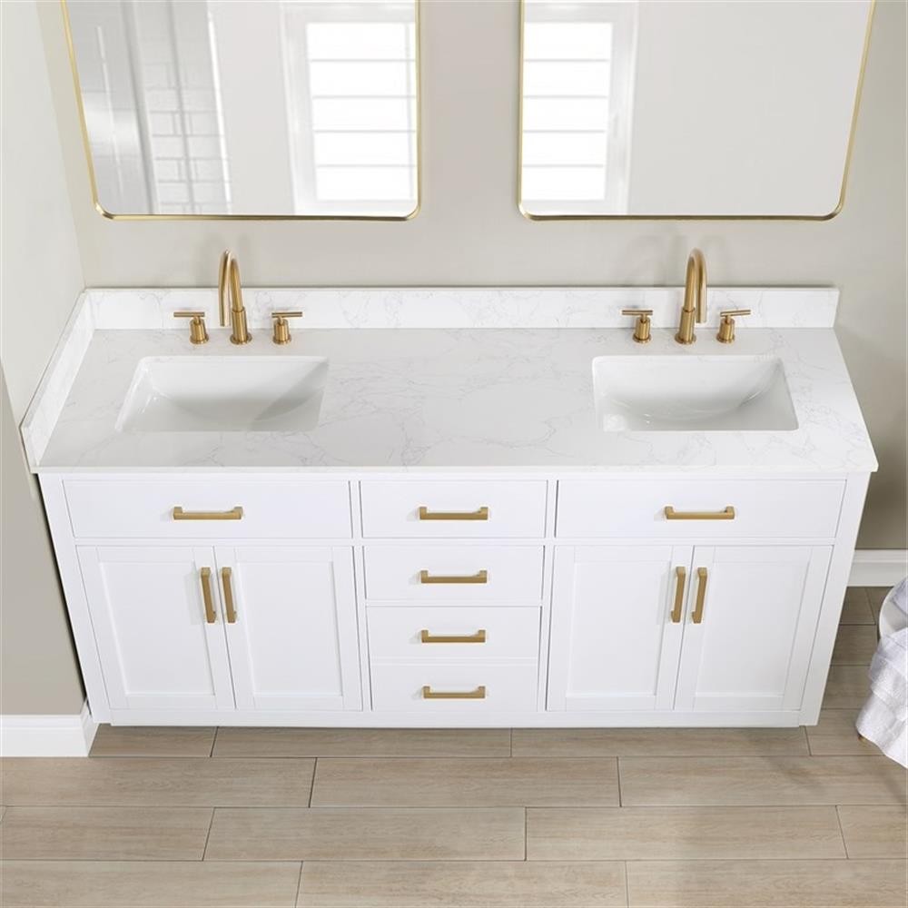 Gavino 72″ Wood Vanity in White with Grain White Composite Stone Top no Mirror