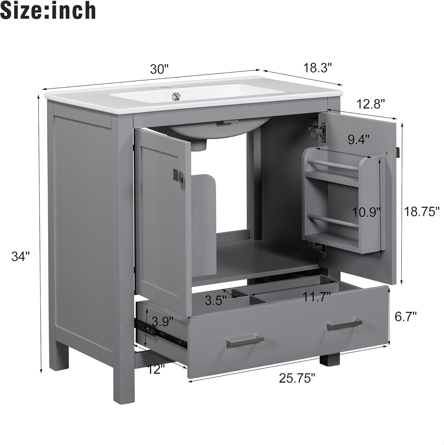 30″ Green Bathroom Vanity Sink Combo with Soft Close & Ceramic Top