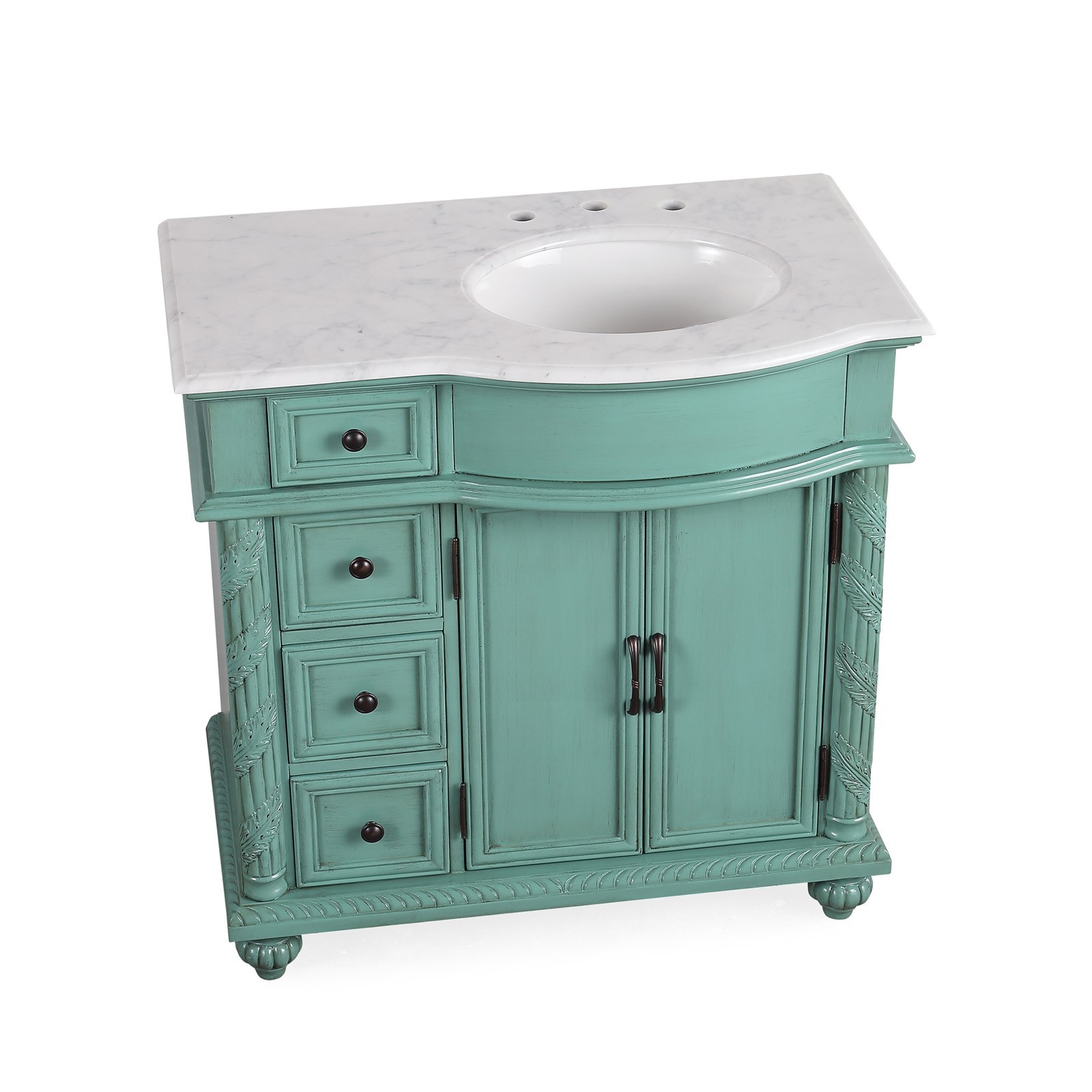 36″ Vintage Green Carrara Top Bathroom Cabinet Single Vanity – Sink on the Right