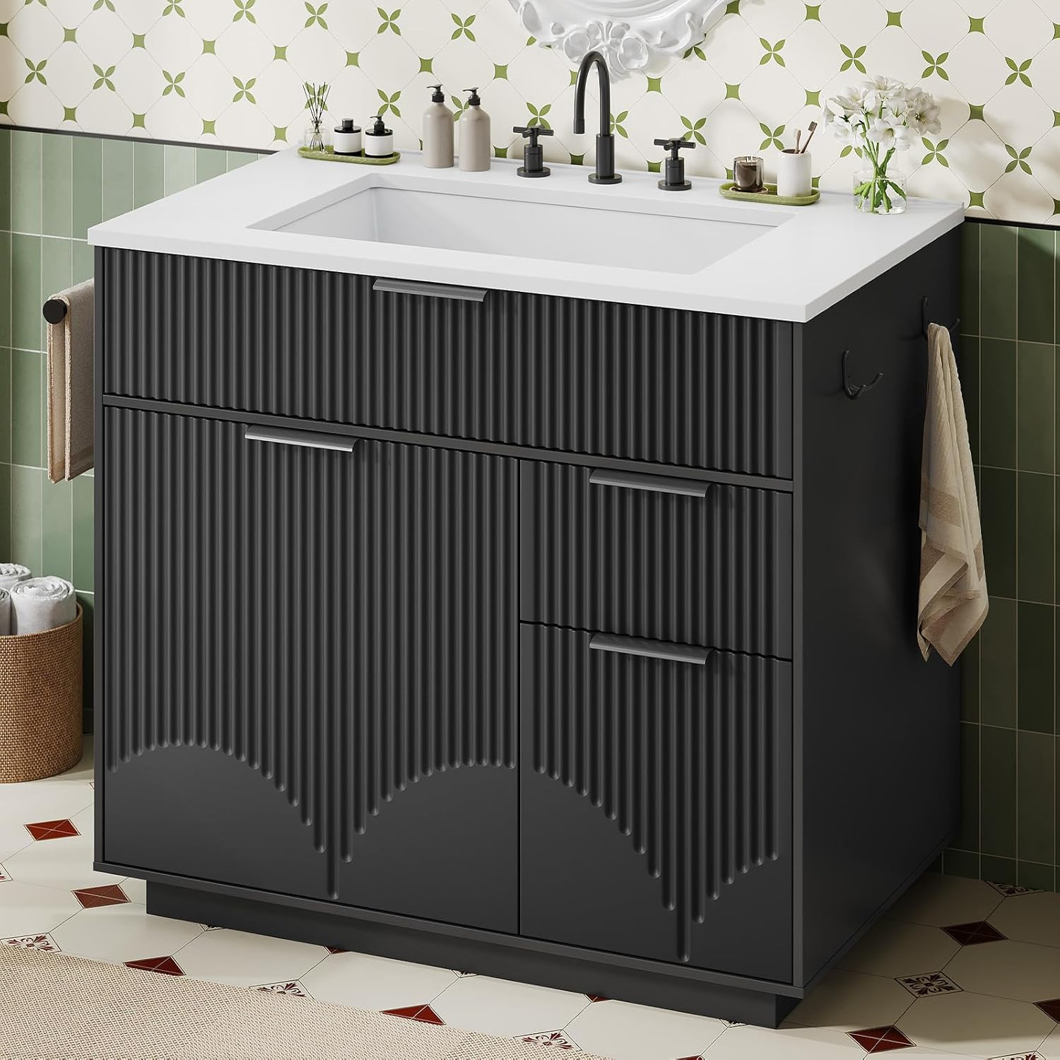 31″ Fluted Bathroom Vanity with Sink, Freestanding Bathroom Cabinet with Door St
