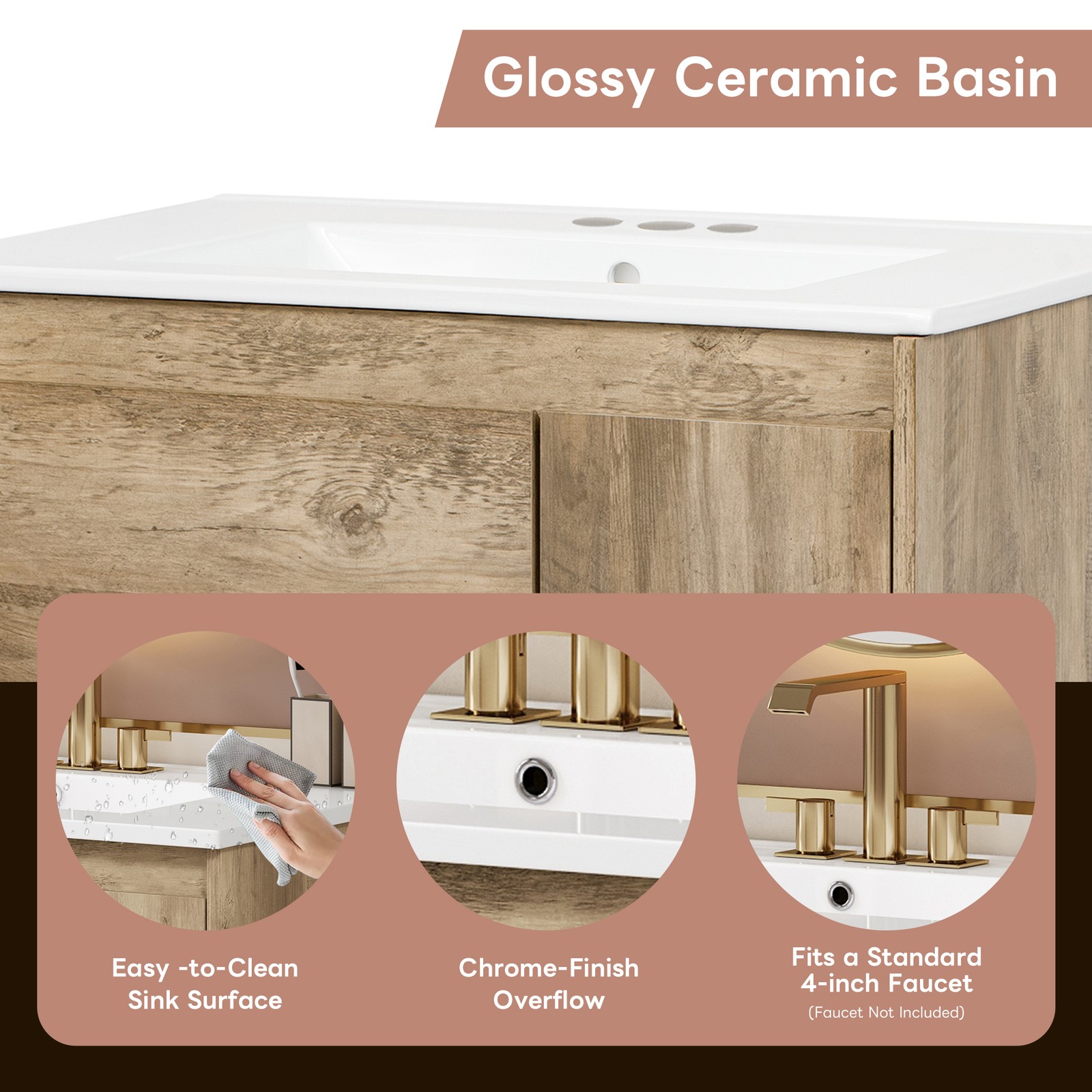 30″ Modern Wood Bathroom Vanity w/Ceramic Sink Bathroom Storage Cabinet，Drawer