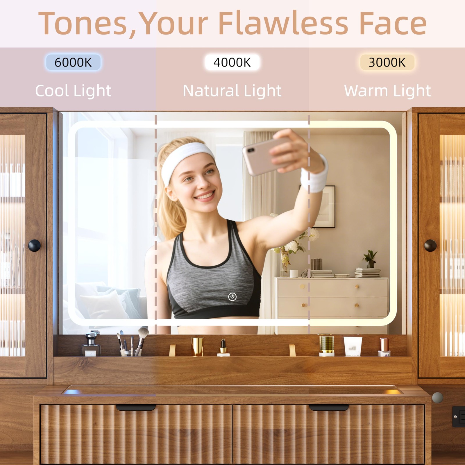 55in Fluted Vanity Desk Lighted Mirror 8 Drawers Tempered Glass Charging Station