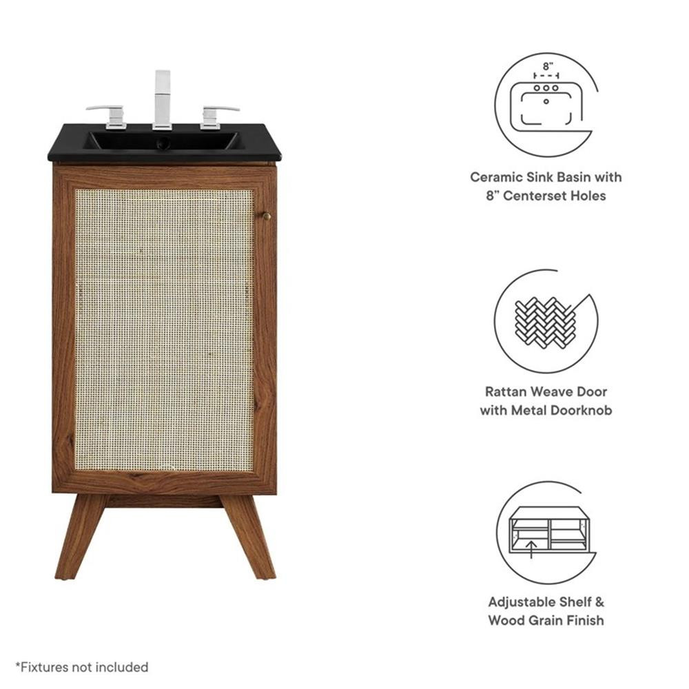 Modway Soma 18″ Modern Wood Bathroom Vanity with Rattan Door in Walnut/Black