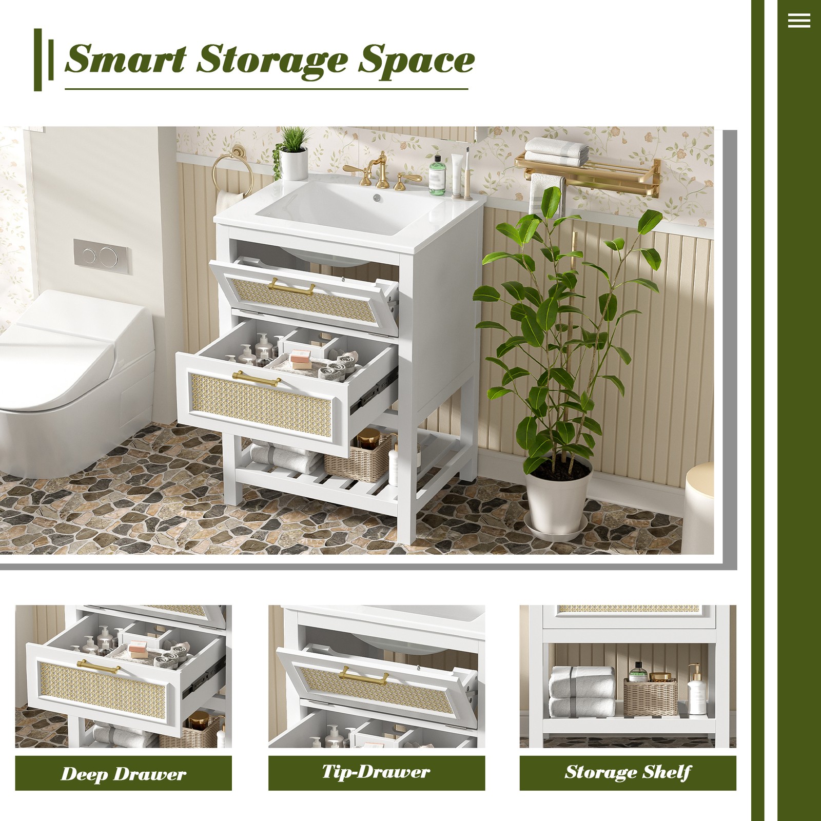 FUNIDEE 24″ Bathroom Vanity with Ceramic Sink Storage Cabinet w/ Tip-Out Drawer