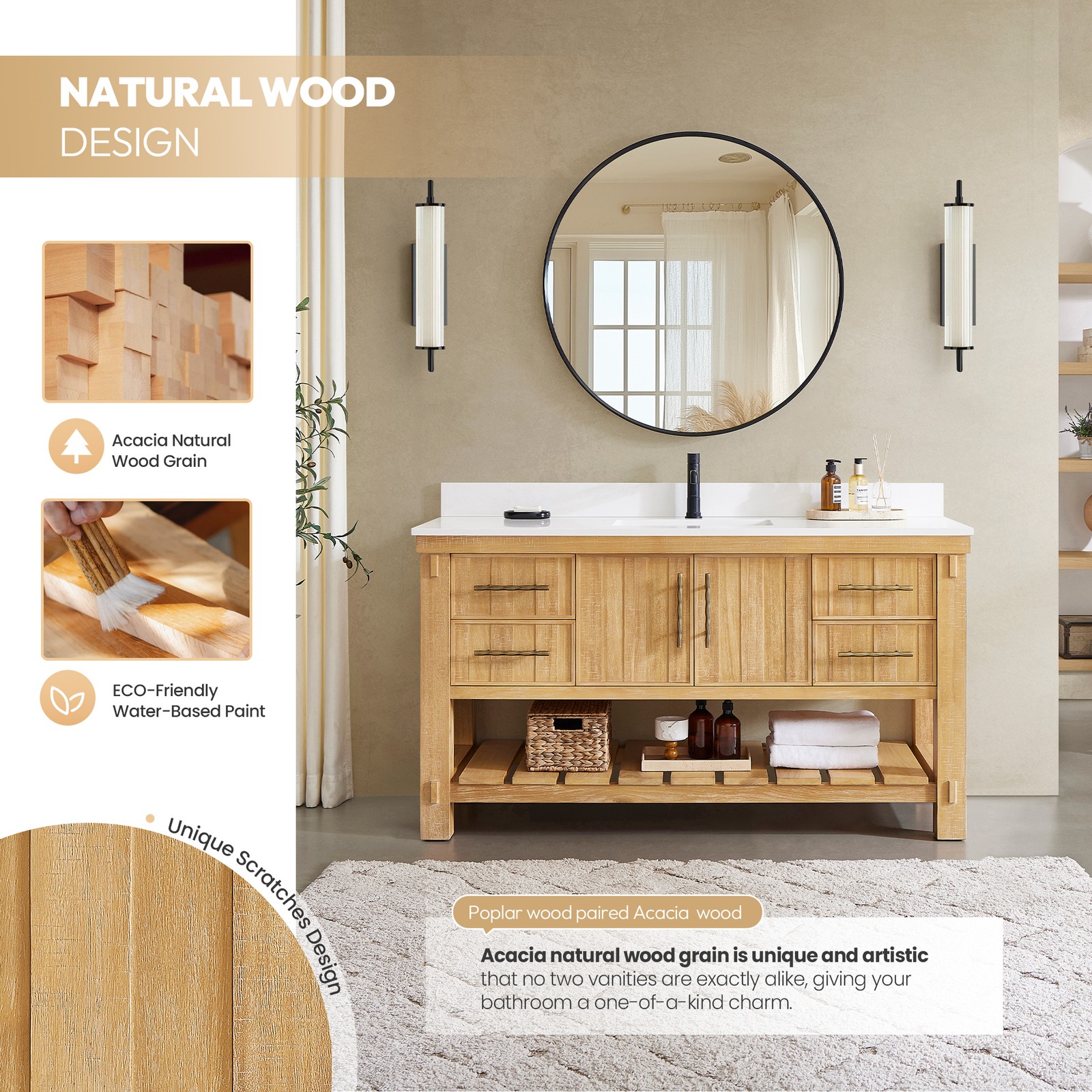 Paris 60″ Single Bath Vanity in Acacia Classic Grey with White Quartz Stone Top