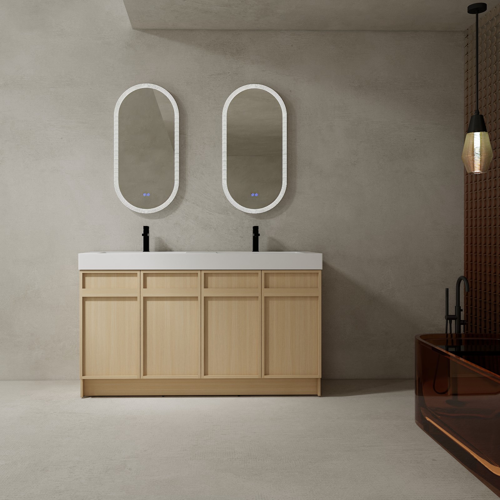 60in Plywood Double Sink Bathroom Vanity Cabinet W/ 4 Doors White Resin Sink