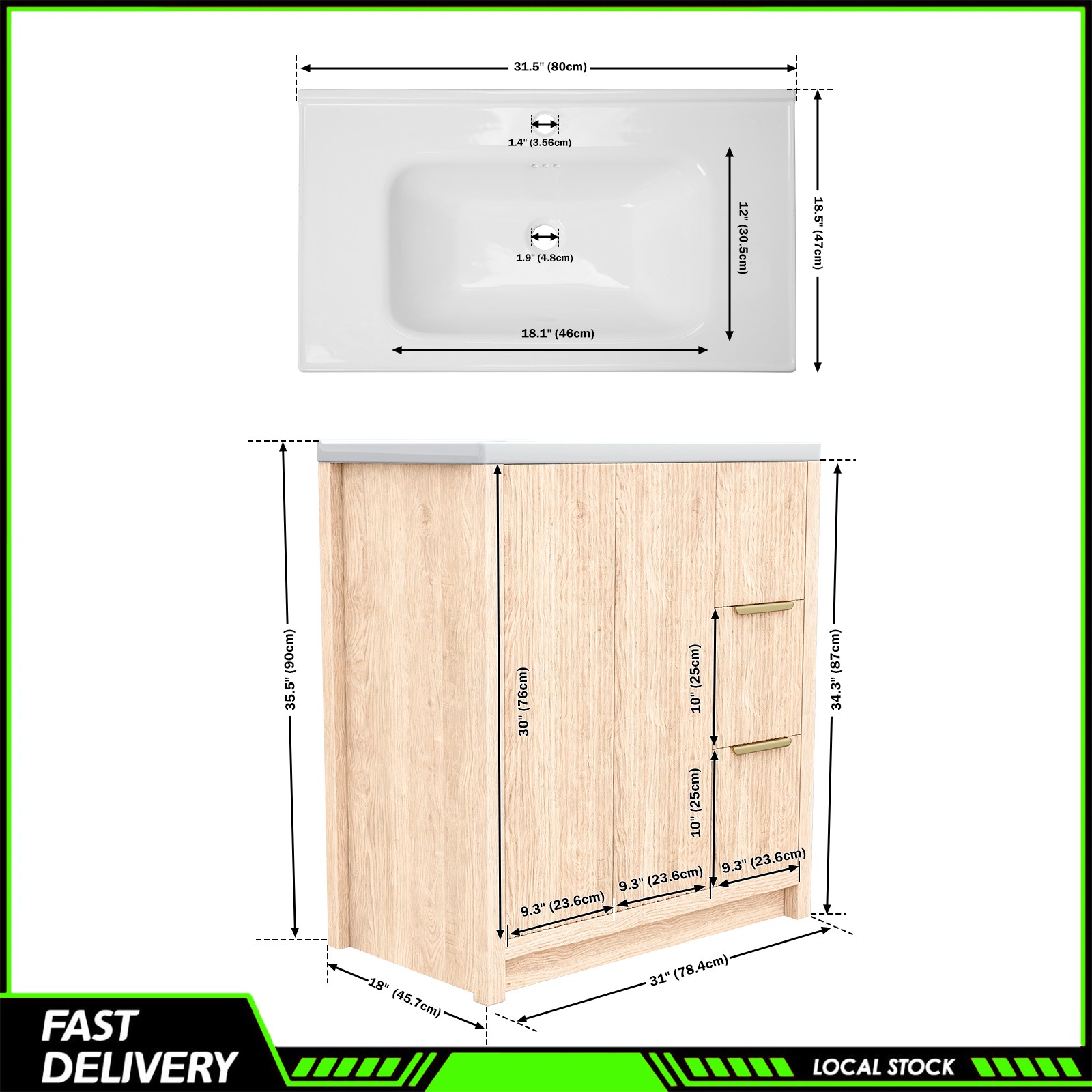 31″ Storage Cabinet Ceramic Sink Bathroom Vanity W/ Drawers Bathroom Cabinet Set