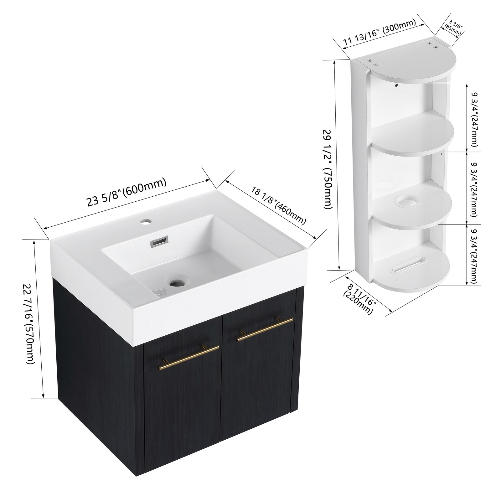 24In Plywood Wall-Mounted Bathroom Vanity W/Resin Sink Doors + Side Storage Rack