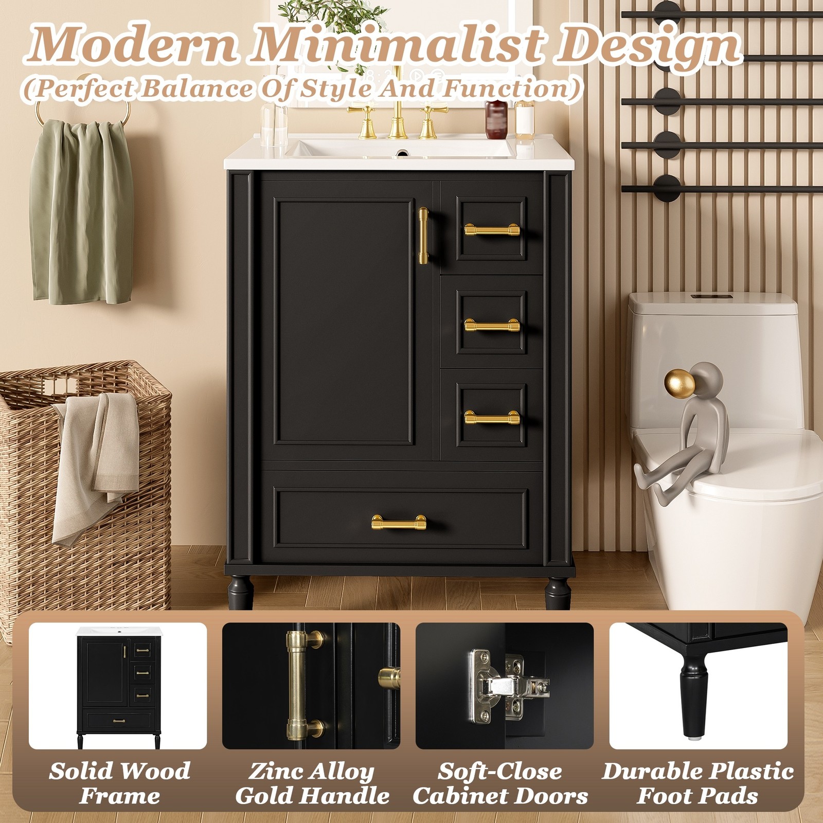 24″ Bathroom Vanity Set Floor Standing Bathroom Storage Cabinet w/Three Drawers