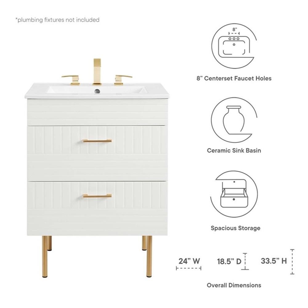 Pemberly Row 24″ Modern Wood/Ceramic Bathroom Vanity with Gold Legs in White