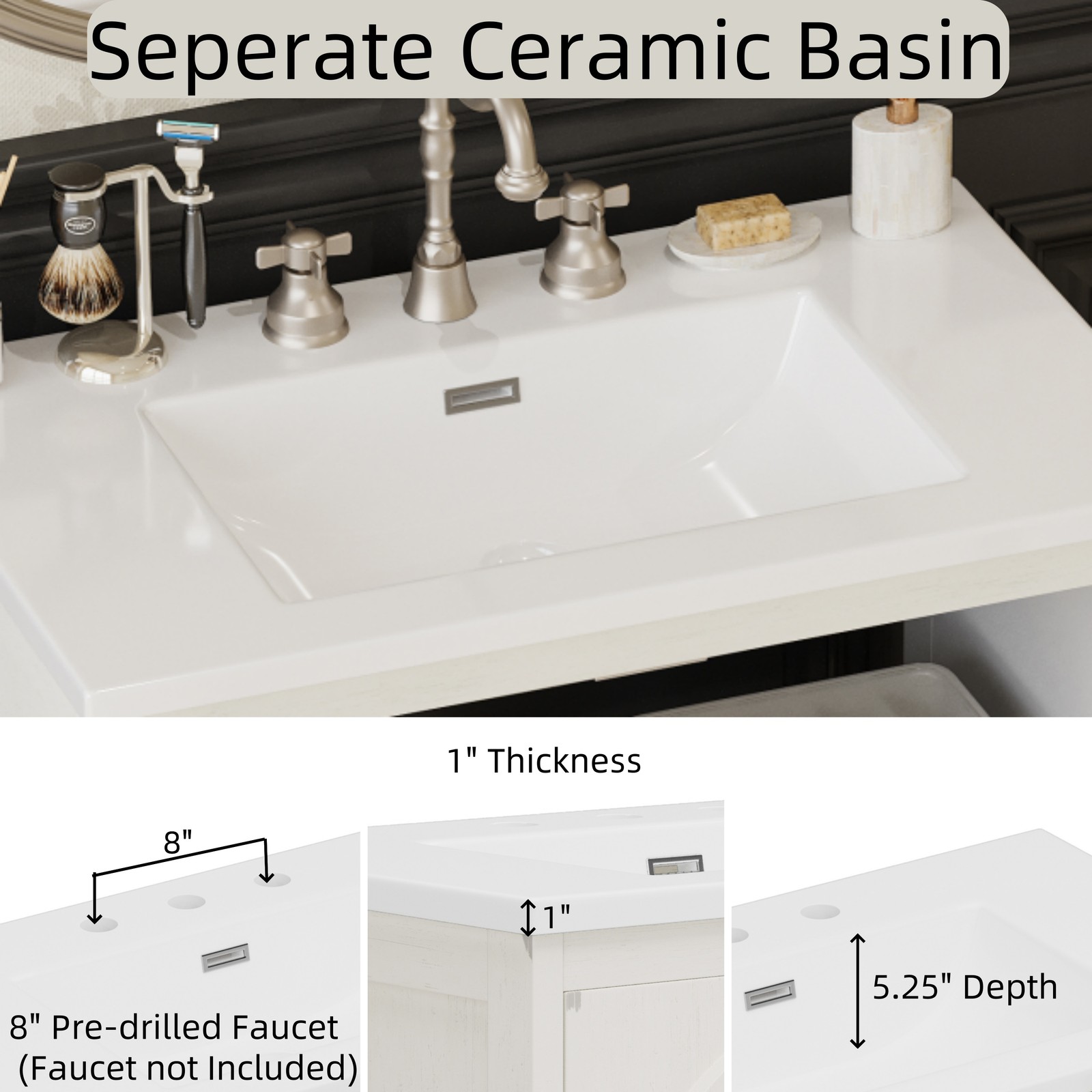Farmhouse Bathroom Vanity with Ceramic Sink，Storage Cabinet w/Soft-Closing Doors