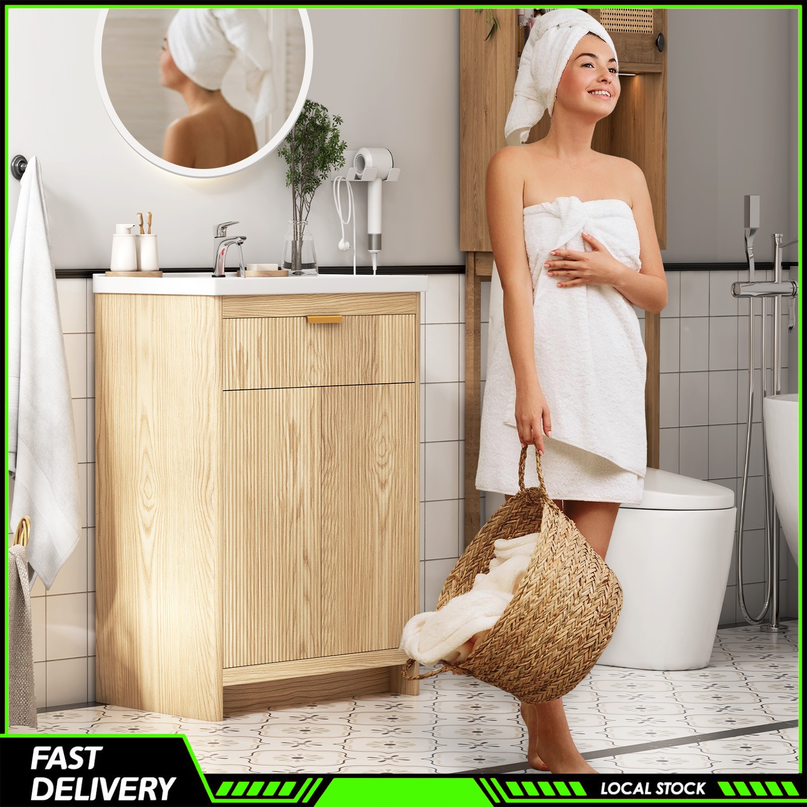 23.6 Inch Bathroom Vanity Wooden Freestanding Cabinet Ceramic Sink for Bathroom