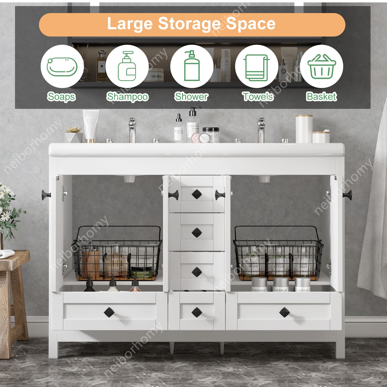 47″ Bathroom Vanity Double Sink Ceramic Freestanding Cabinet 5 Drawers,White