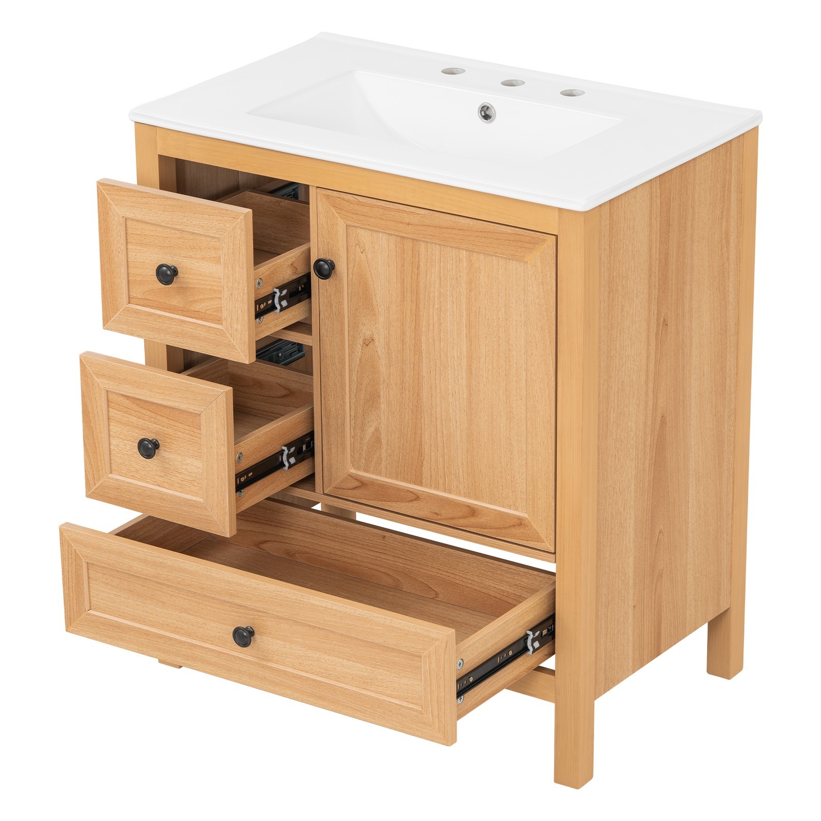 30″ Bathroom Vanity with Ceramic Sink Wood Grain Cabinet with Soft-Close Drawer