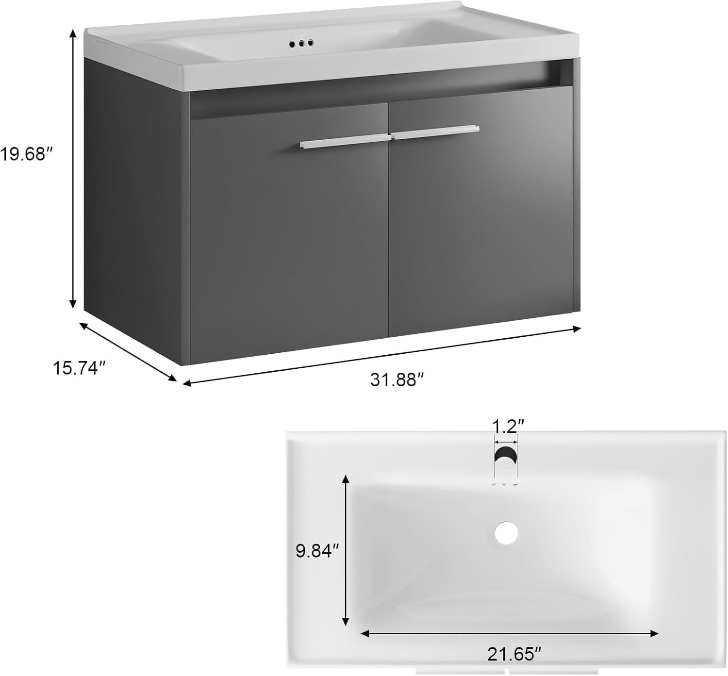 31″ Floating Bathroom Vanity with Sink, Modern Black Bathroom Vanity with LED Li
