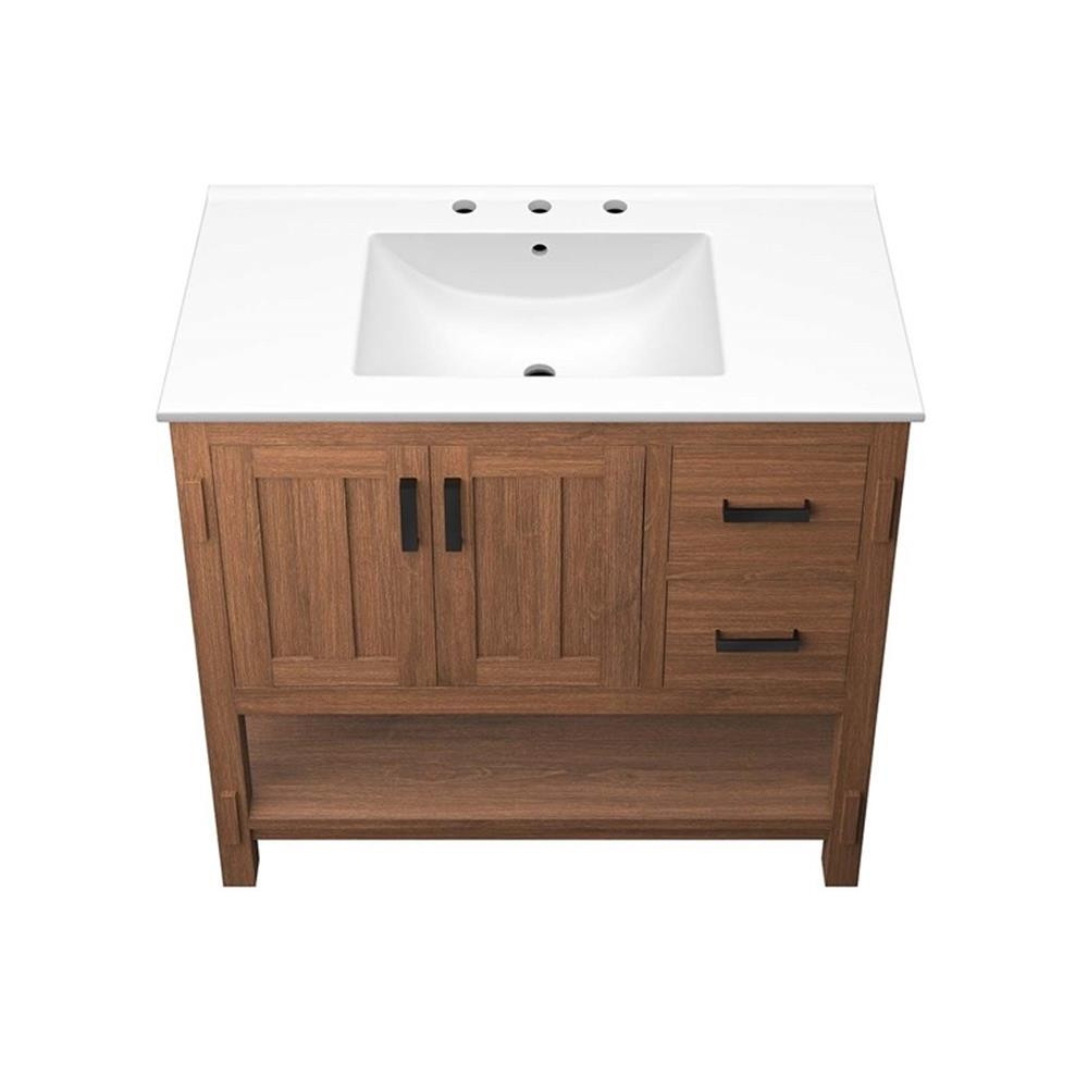 Modway Ashlyn 36″ Wood Bathroom Vanity with Open Shelf in Walnut and White