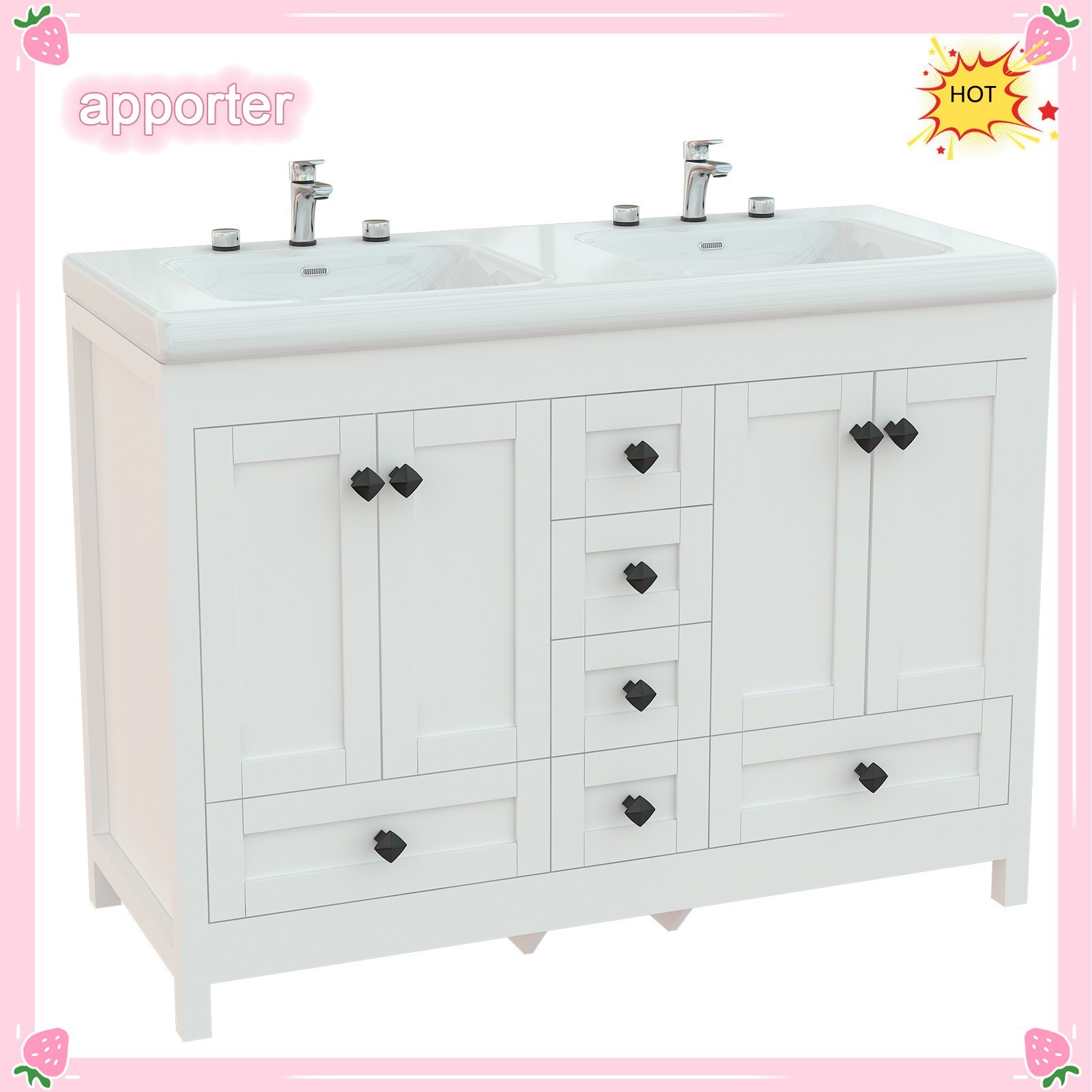 47in White Bathroom Vanity Double Sink Ceramic Freestanding Cabinet 5 Drawers US