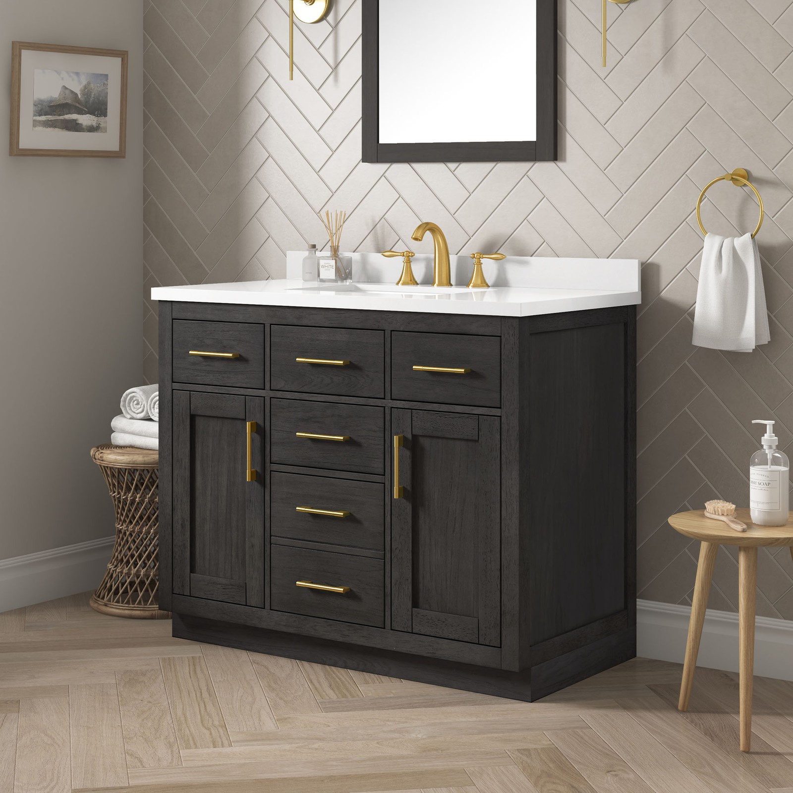 Bailey 42″ Bathroom Vanity in Matte Black Wood with White Countertop