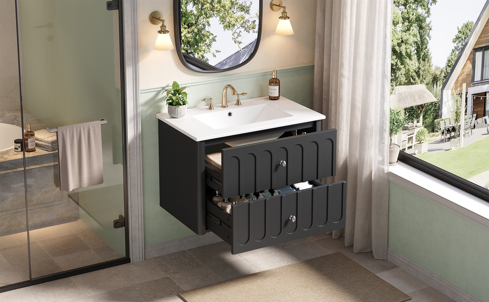 30″ Modern Bathroom Cabinet Floating Bathroom Vanity w/Oval Knobs & Round Edge