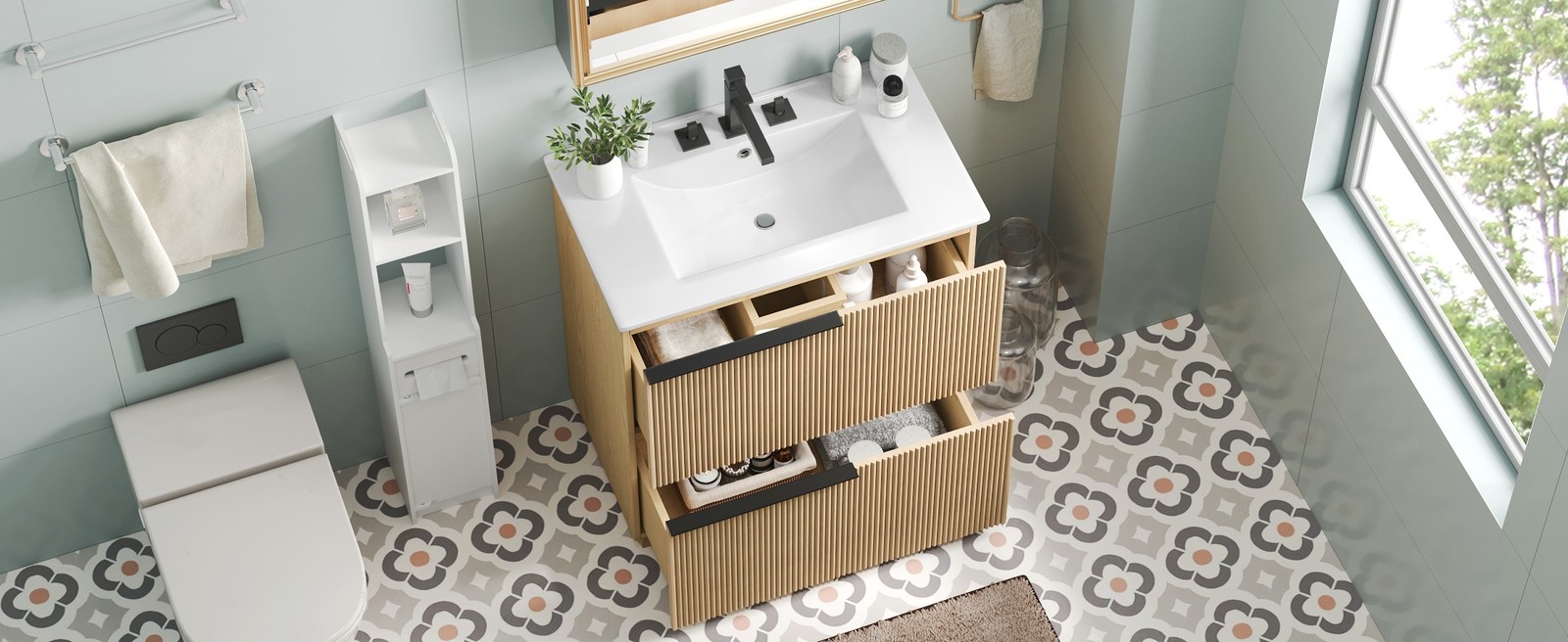 30″ Bathroom Vanity with Ceramic Sink, Soft Close Drawers, Fluted Design