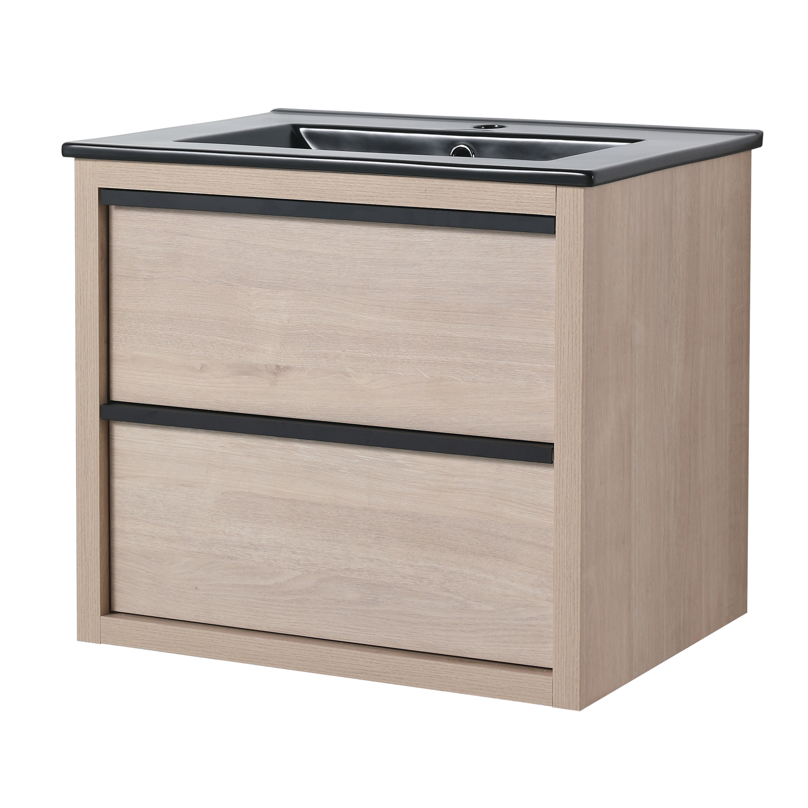 24″Bathroom Vanity Cabinet Wall Mounted Floating W/ Black Ceramic Sink 2 Drawers