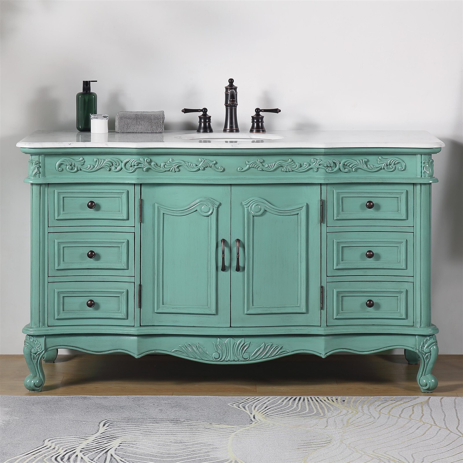 60″ Carrara White Marble Top Single Sink Bathroom Vanity Vintage Green Cabinet