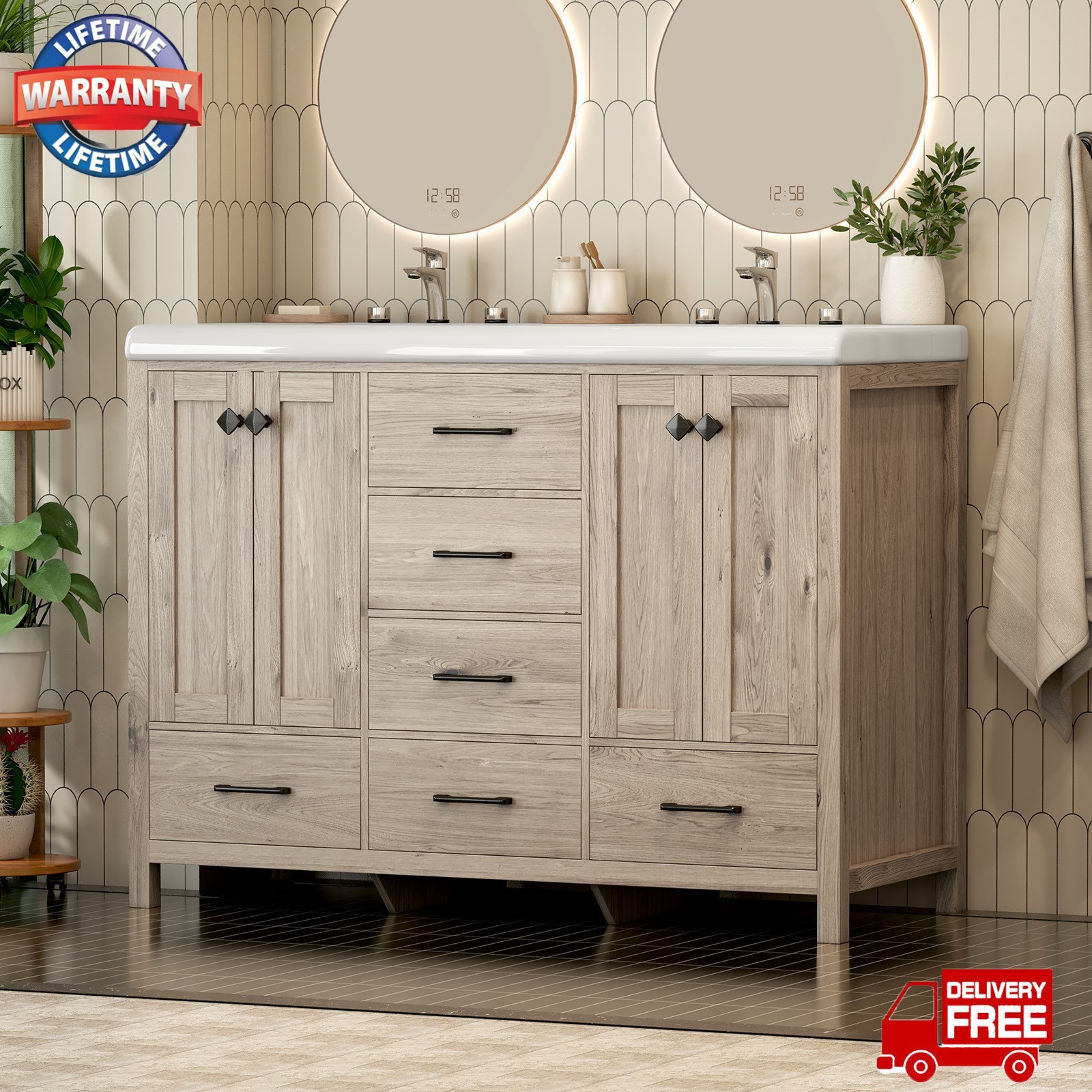 46.7″ Bathroom Vanity Double Sink Ceramic Freestanding Cabinet Wood Grain Modern