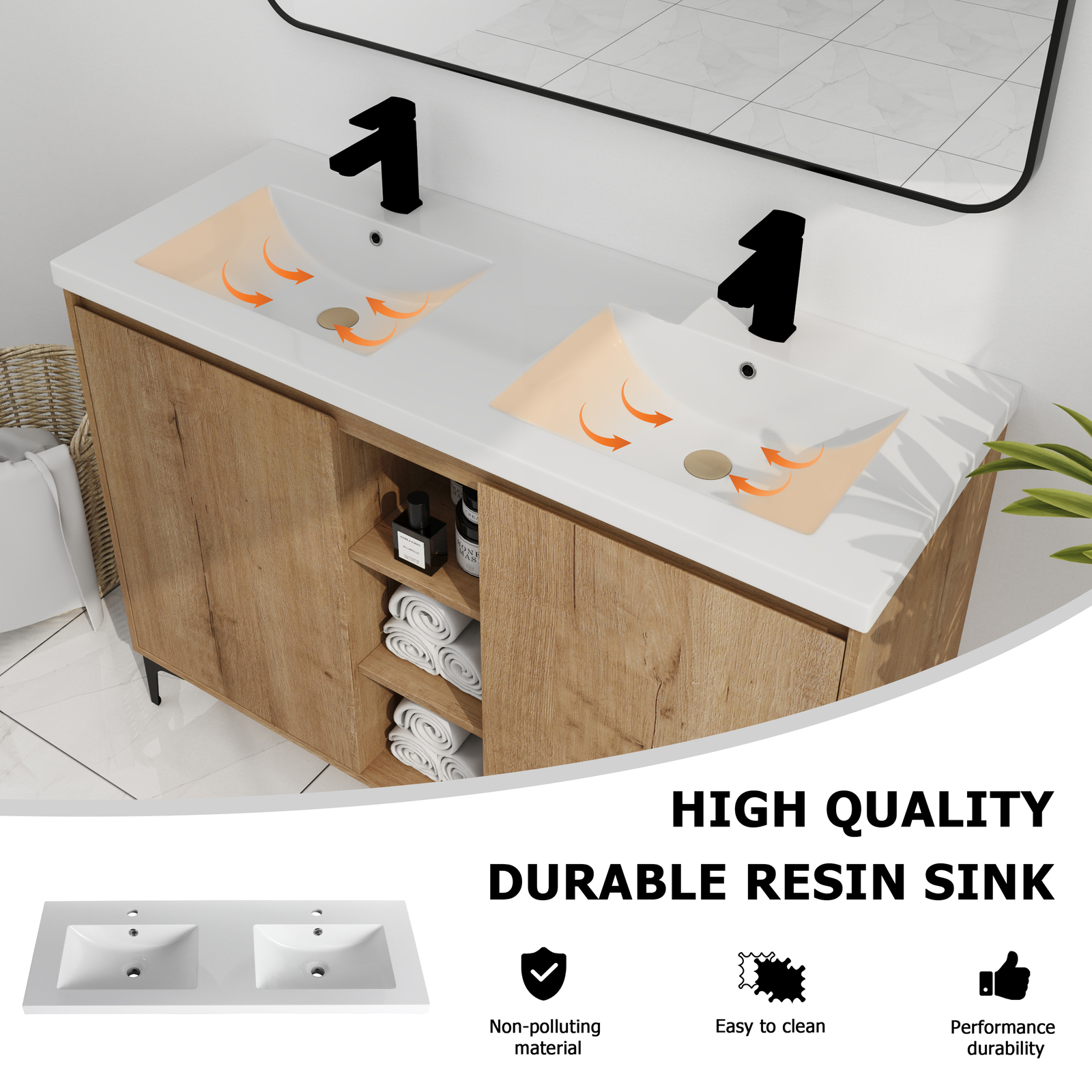 48inch Plywood Free Standing Bathroom Vanity With Double Sink W/ Shelf and Doors