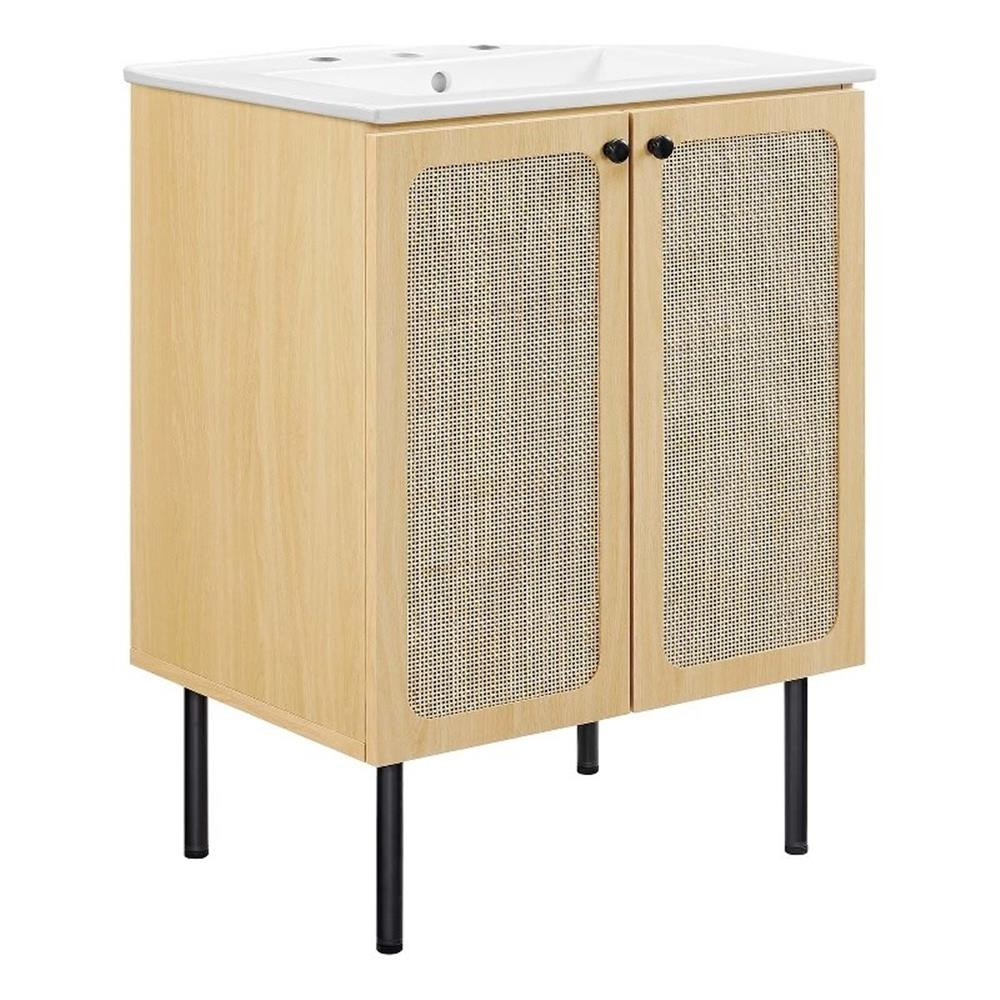 Modway Chaucer 24″ Wood & Rattan Bathroom Vanity in Oak/White