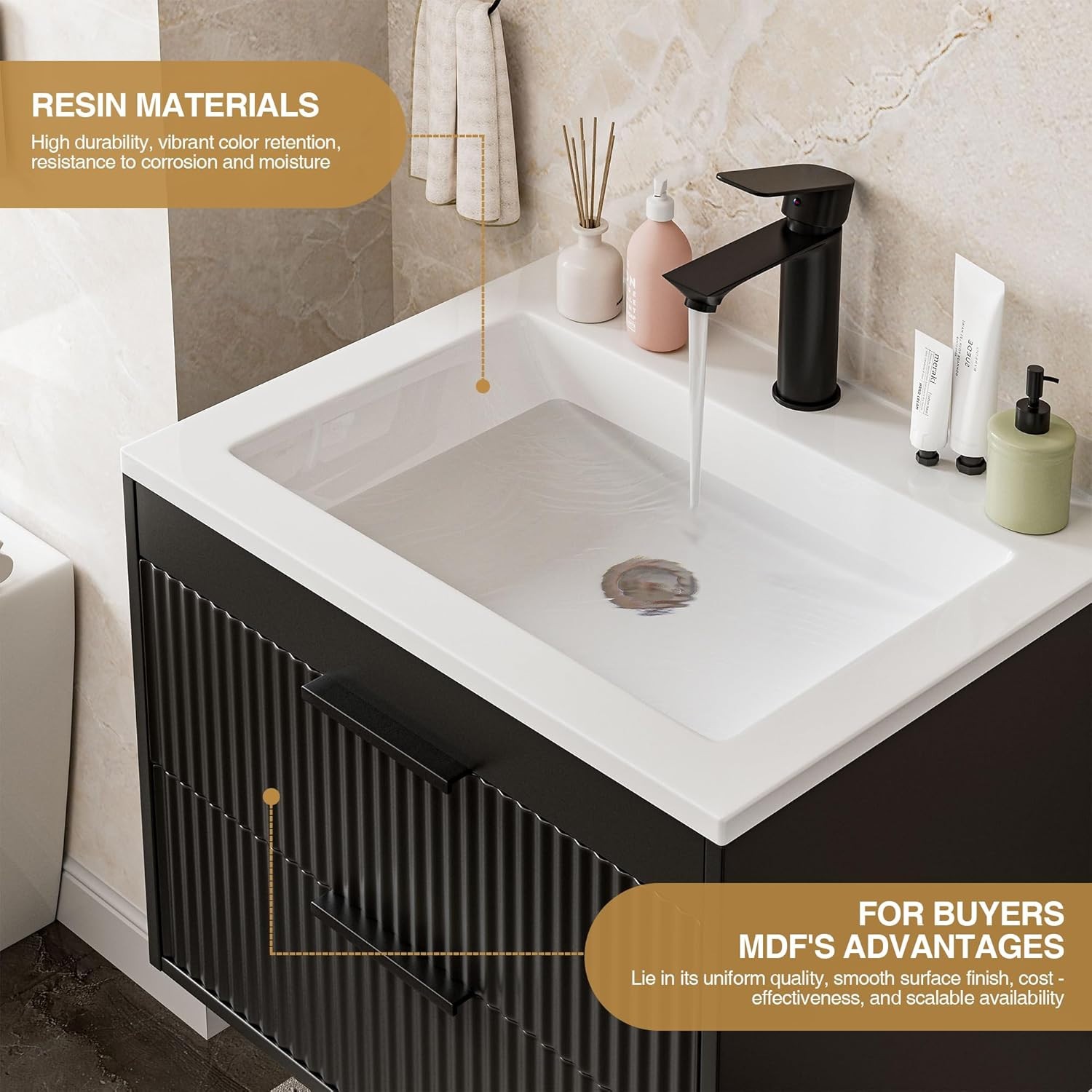 24 Inches Modern MDF Bathroom Vanity with Sink, Wall Mounted Floating Cabinets W