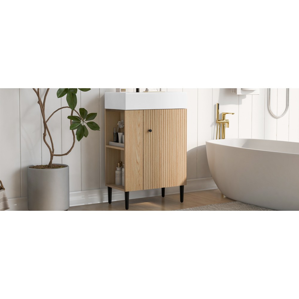21.6″ Wood Bathroom Vanity，Ceramic Sink，Free-Standing Cabinet，Left Side Storage
