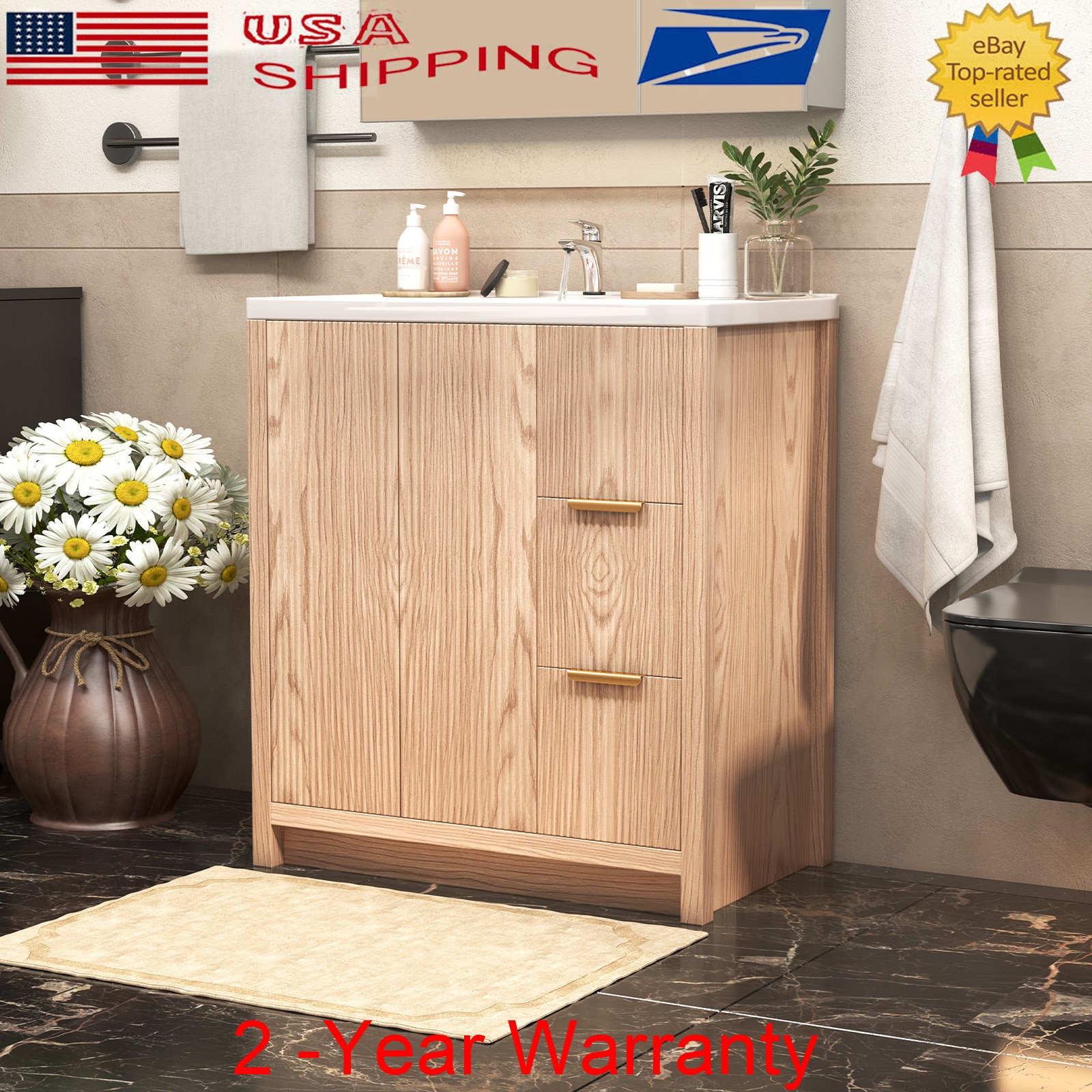 35.5″ Bathroom Vanity w/Sink, Freestanding Storage Vanity Door Cabinet 2 Drawers