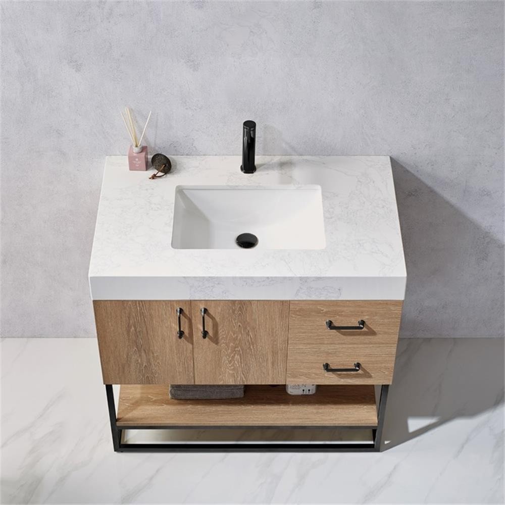 Pemberly Row 36″ White Stone Top Oak Single Vanity Black Frame w/o Mirror