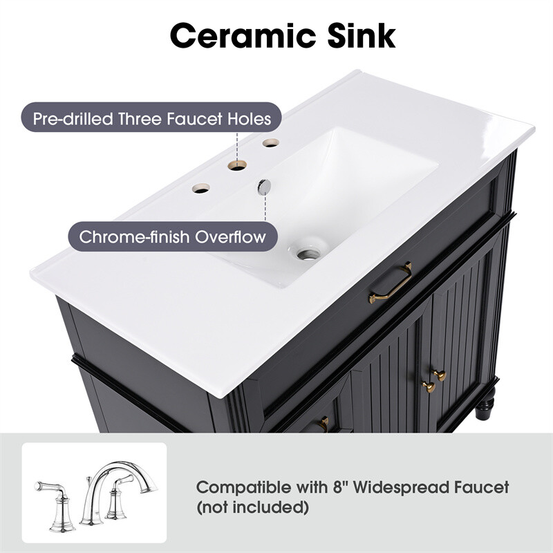 36″ Bathroom Vanity Set with Sink, Black Bathroom Cabinet w/3 Drawers & 2 Doors