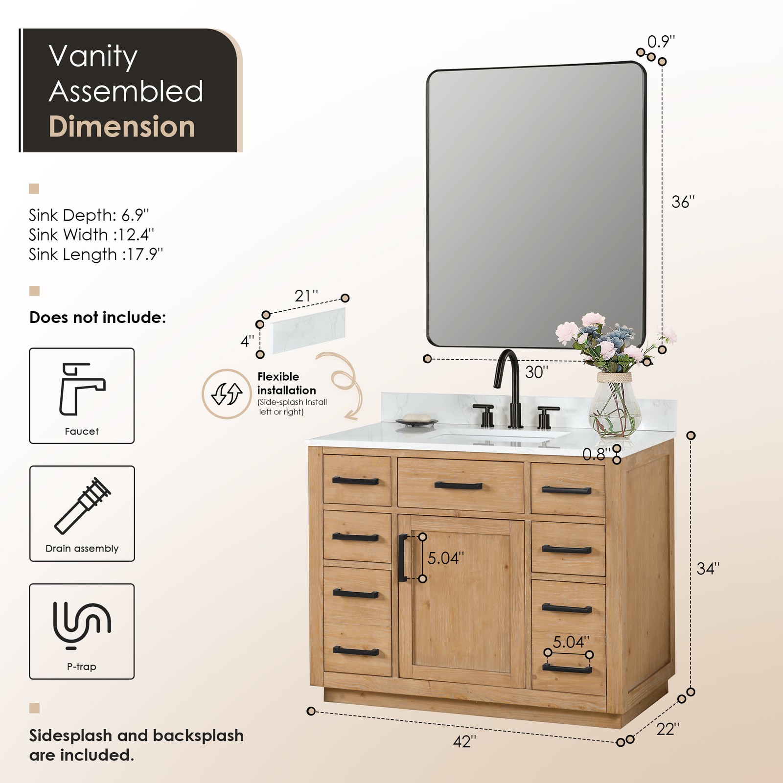 Gavino 42″ Wood Vanity in Light Brown with Composite Stone Top with Mirror