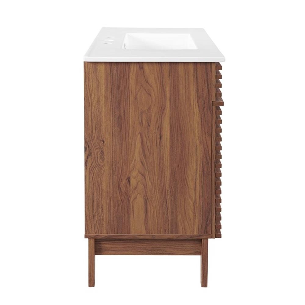 Pemberly Row 36″ Modern Wood and Ceramic Bathroom Vanity in Walnut/White