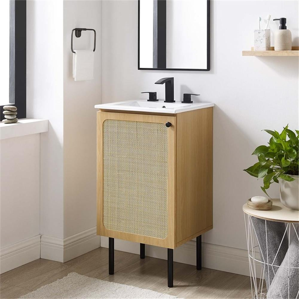 Modway Chaucer 18″ Wood & Rattan Bathroom Vanity Cabinet in Oak