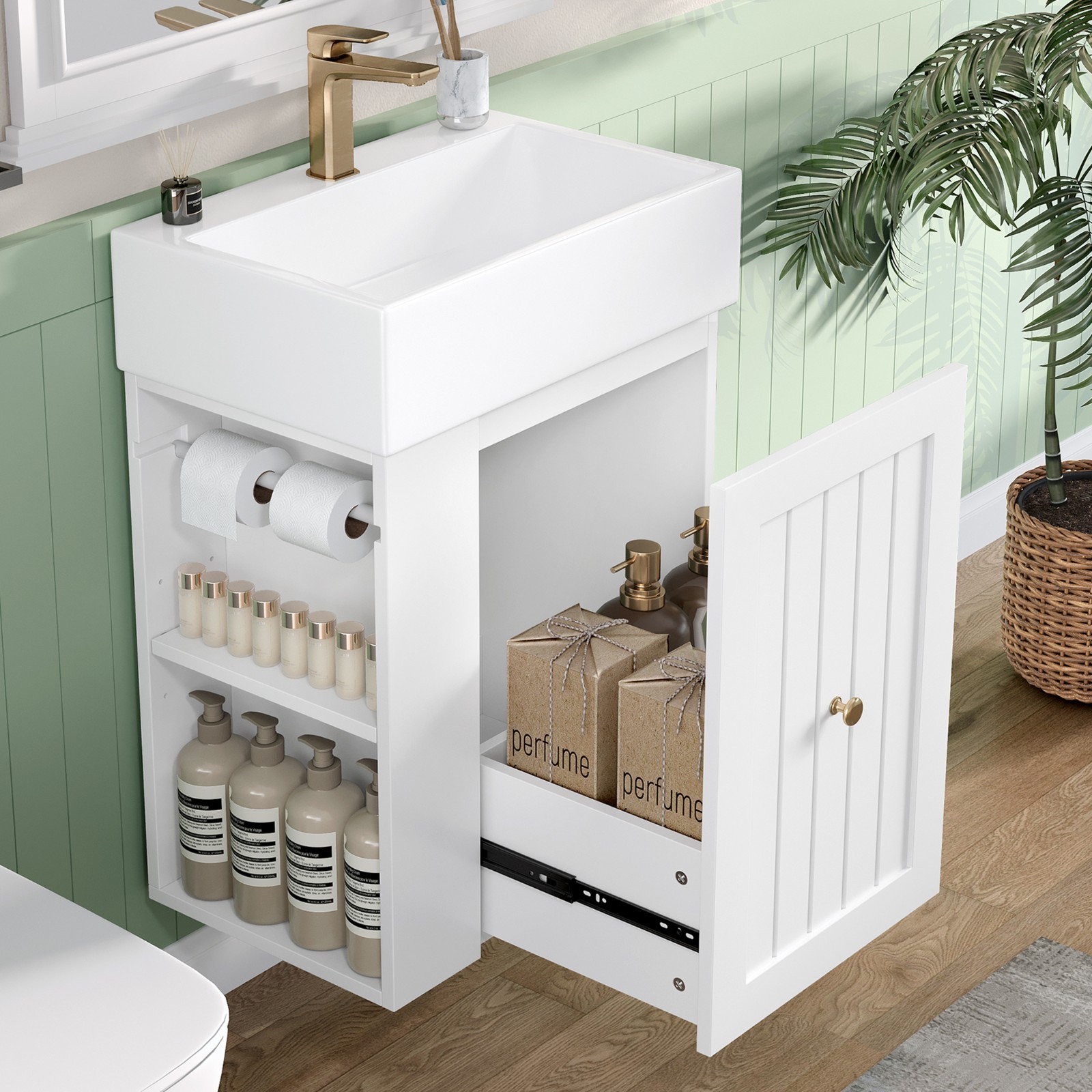 20 Inch Bathroom Vanity Storage Cabinet With Ceramic Sink Storage Drawer Shelf