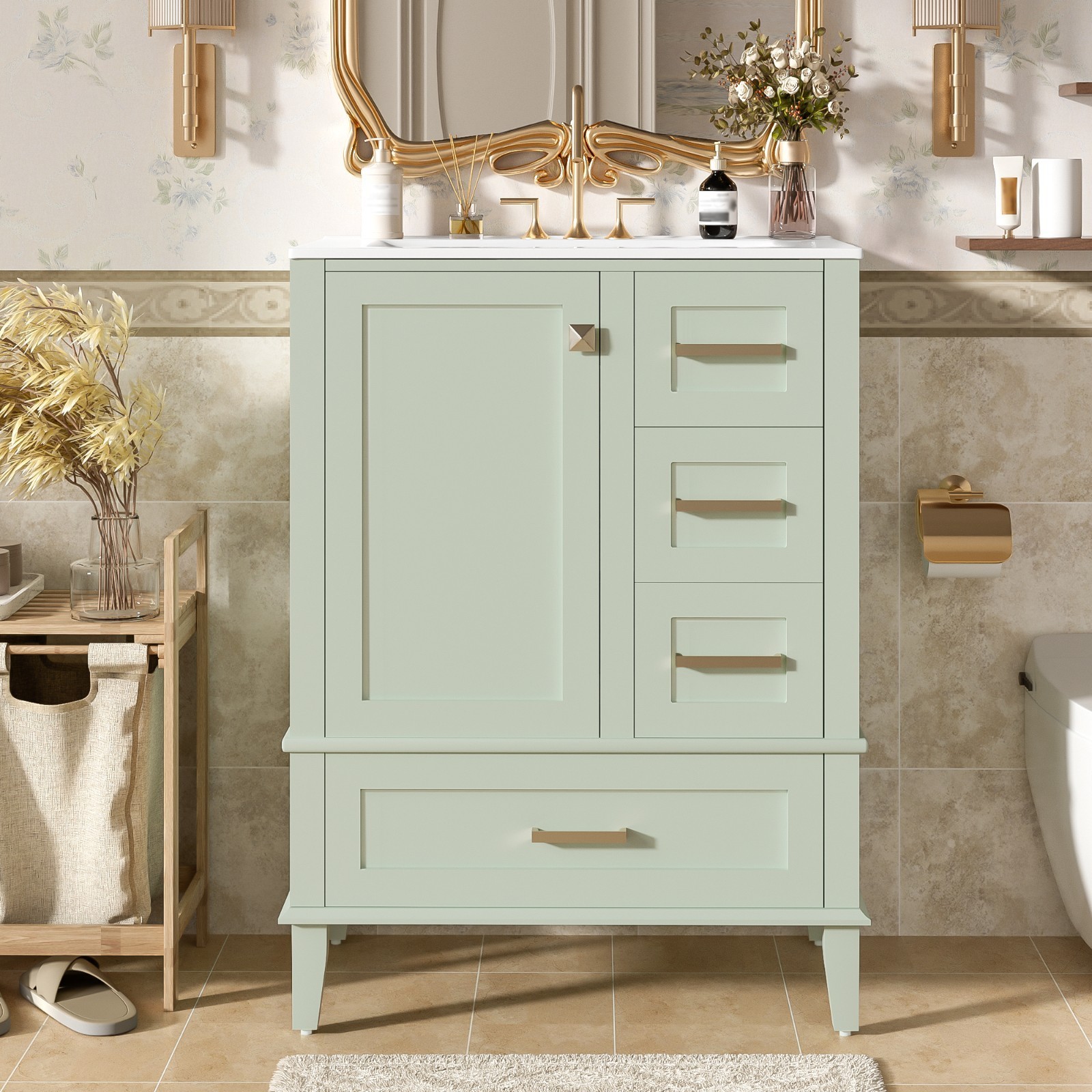 24.8″ Bathroom Vanity with Ceramic Sink,Freestanding Storage Cabinet w/Drawers