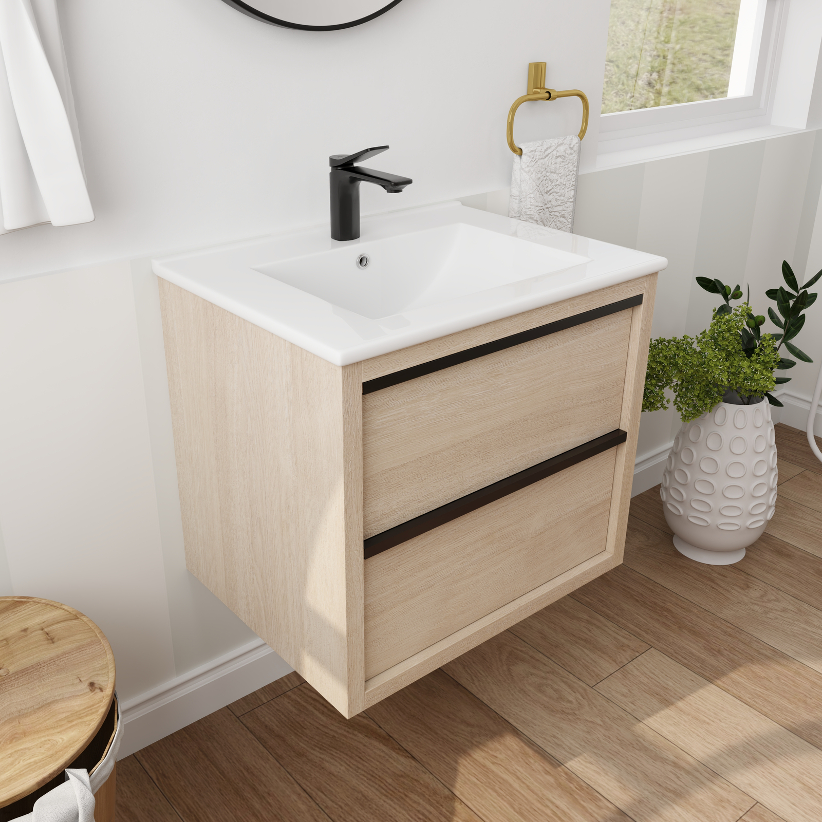 24″Wooden Wall Mounted Bathroom Vanity With Ceramic Sink Basin 2 Storage Drawers