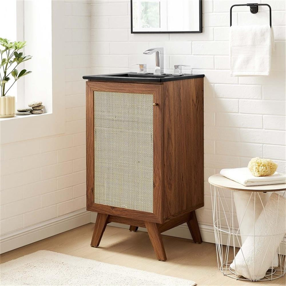 Modway Soma 18″ Modern Wood Bathroom Vanity with Rattan Door in Walnut/Black
