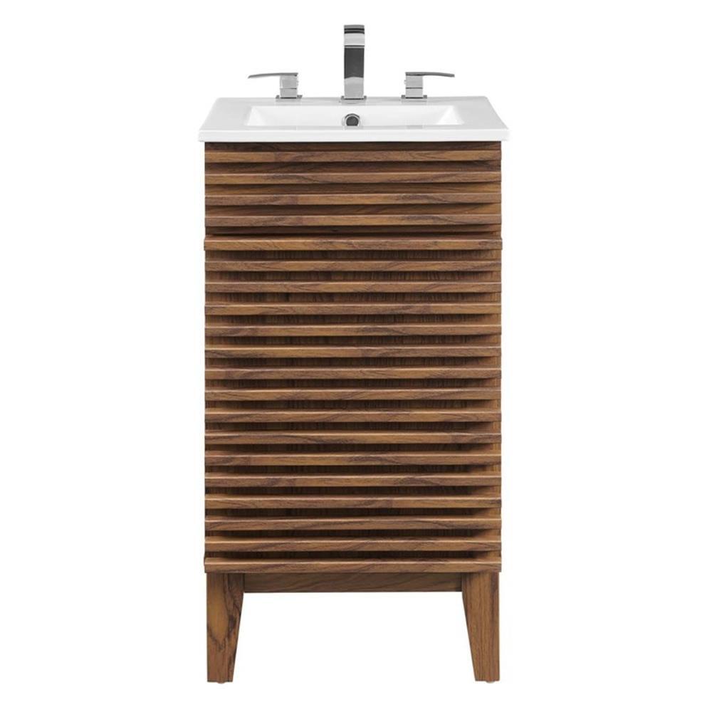 Modway Render 18″ Wood & Ceramic Bathroom Vanity Cabinet in Walnut/White