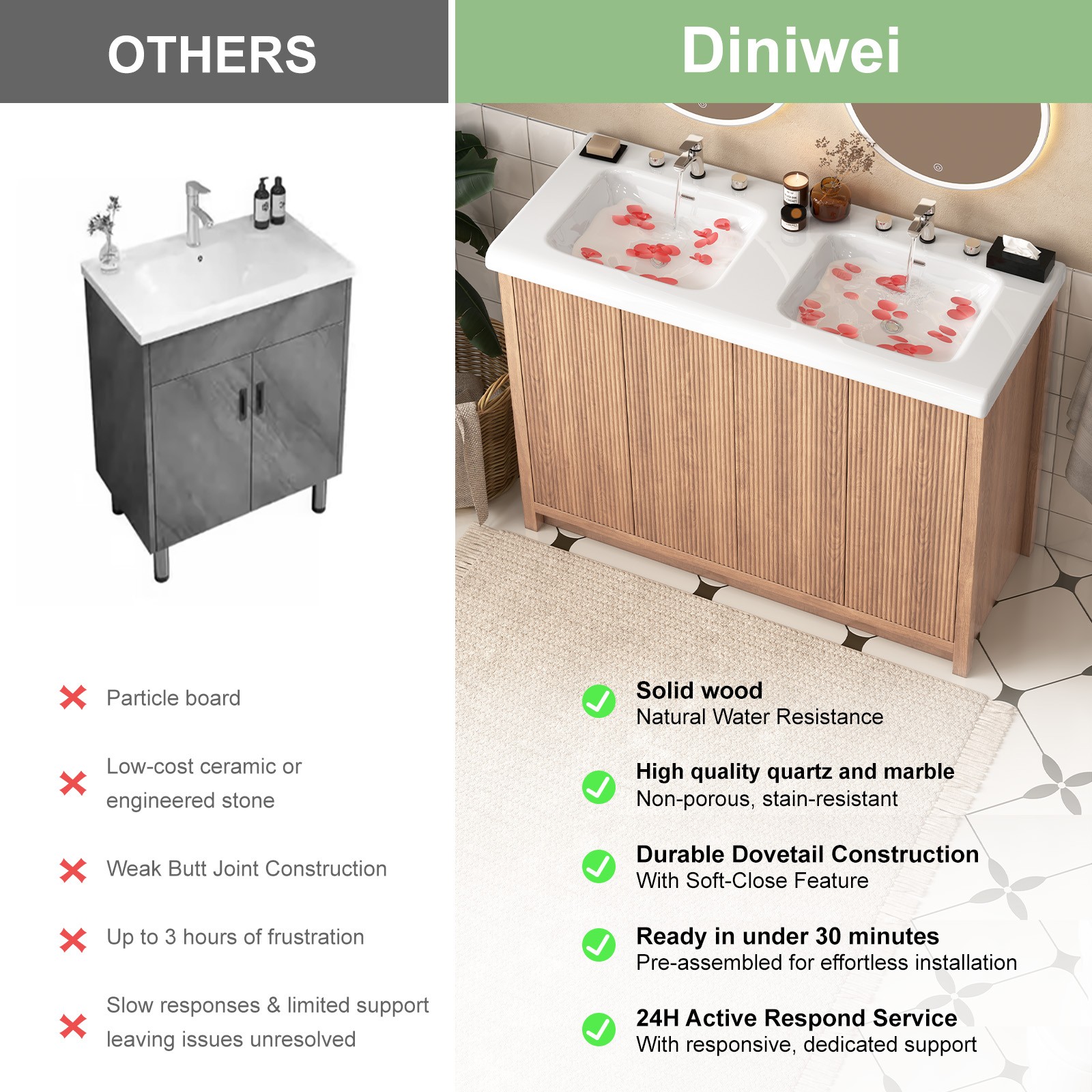 Large Bathroom Vanity Double Ceramic Sink Cabinet Storage Freestanding