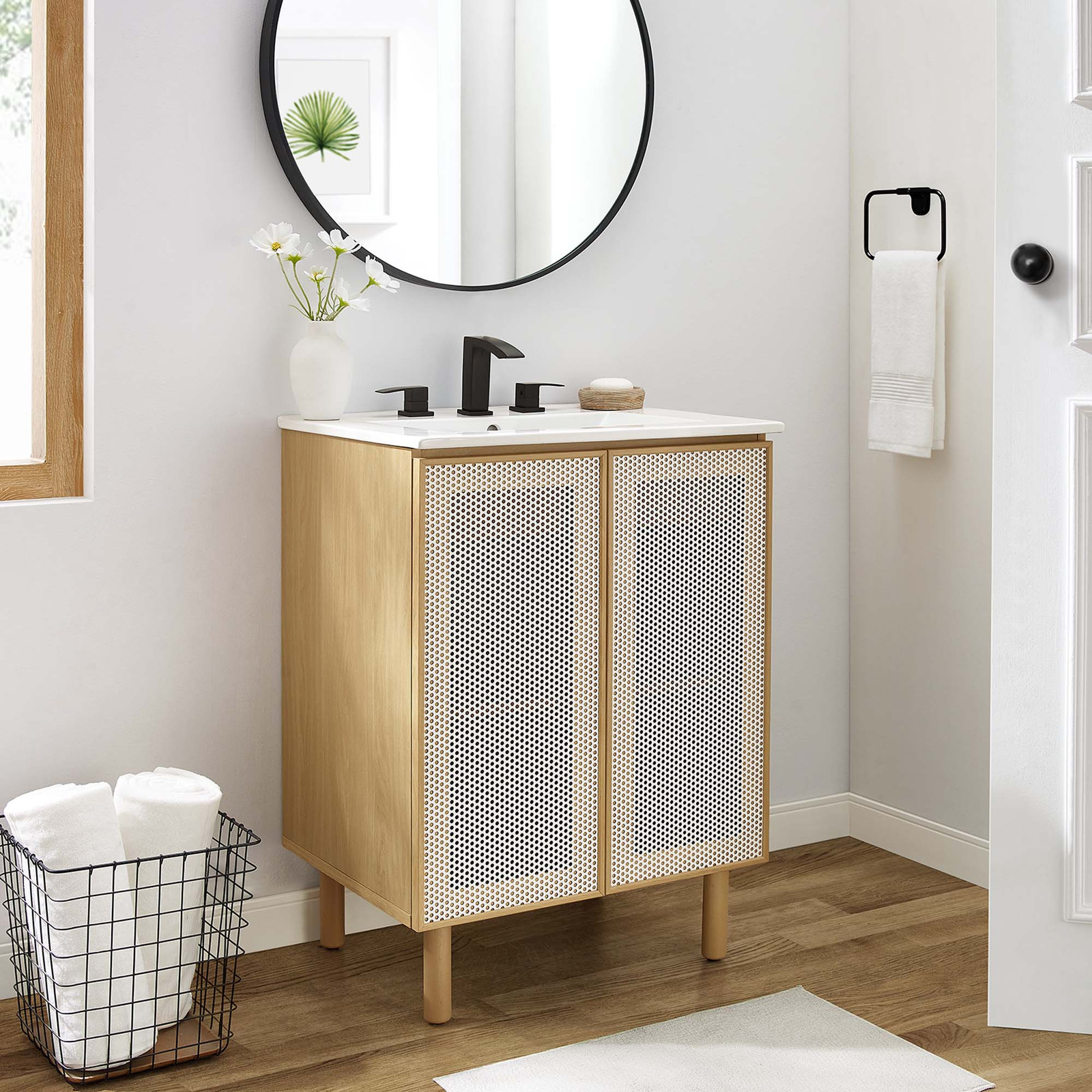 Calla 24″ Perforated Metal Bathroom Vanity in White Oak